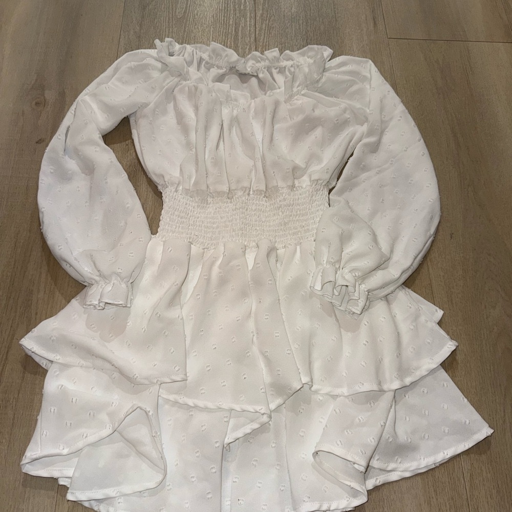 White Smocked Waist Long-Sleeve Ruffle Dress